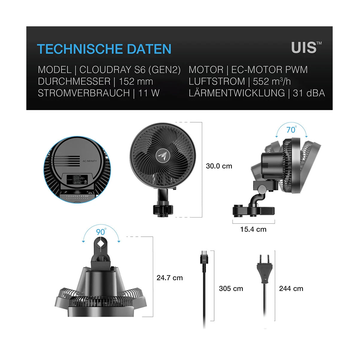 CLOUDRAY S6, GEN 2, Growzelt-Clip-Ventilator 150 mm